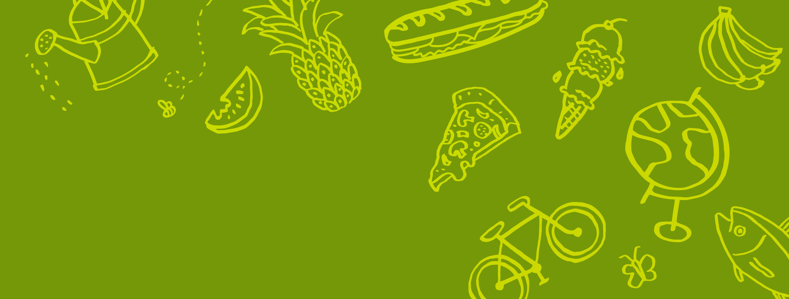 Green background with lighter green illustrations of bicycle, ice cream, globe, fish and bananas.